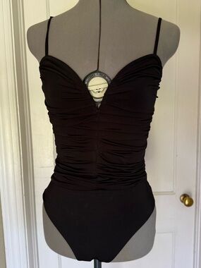 Express Black V-Neck Ruched Spaghetti-Strap Bodysuit
